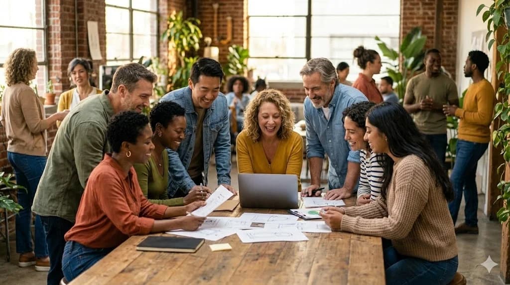 Community members gathered around a heritage book